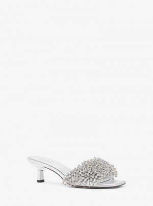 Michael Kors Amal Crystal Embellished Metallic Leather Srebrne | SN-MK27497