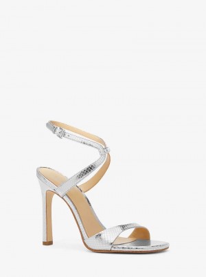Michael Kors Amara Metallic Snake Embossed Leather Srebrne | SN-MK27525