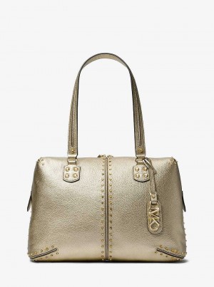 Michael Kors Astor Large Studded Metallic Leather Złote | SN-MK27098