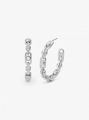 Michael Kors Astor Medium Precious Metal-Plated Brass Link Hoop Srebrne | SN-MK27770