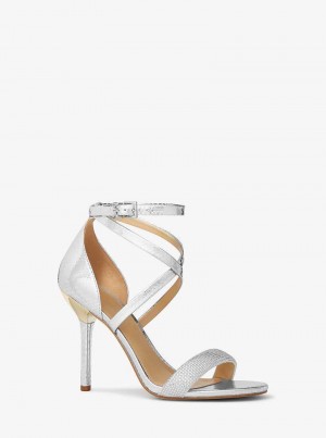 Michael Kors Astrid Embellished Metallic Snake Embossed Leather Srebrne | SN-MK27599