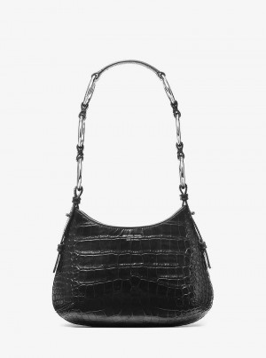 Michael Kors Bardot Mini Crocodile Embossed Leather Czarne | SN-MK27091