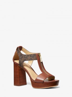Michael Kors Berkley Empire Signature Logo and Leather Block Brązowe | SN-MK27609