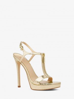 Michael Kors Berkley Metallic Snake Embossed Leather Stiletto Złote | SN-MK27536