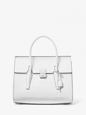 Michael Kors Campbell Medium Crocodile Embossed Leather Białe | SN-MK27370