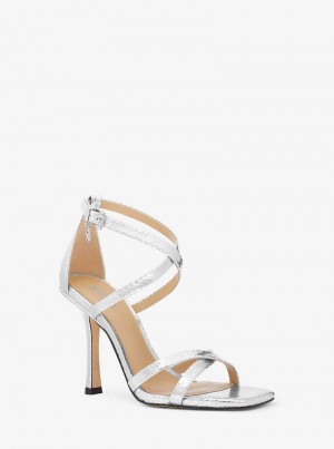 Michael Kors Celia Metallic Snake Embossed Leather Srebrne | SN-MK27572