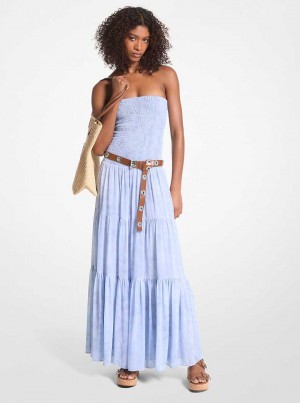 Michael Kors Chambray Print Smocked Georgette Maxi Głęboka Niebieskie | SN-MK26709