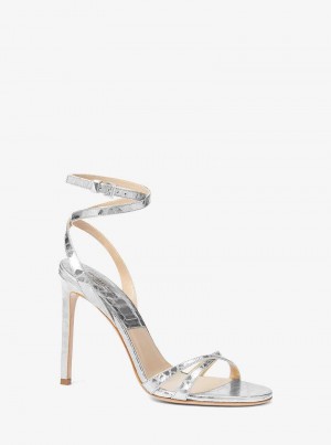 Michael Kors Chrissy Metallic Python Embossed Leather Srebrne | SN-MK27614