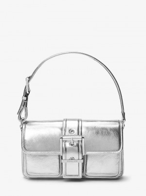 Michael Kors Colby Medium Metallic Leather Srebrne | SN-MK26959