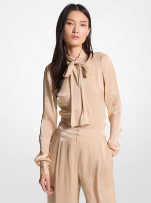 Michael Kors Crinkled Metallic Georgette Tie-Neck Blouse Khaki | SN-MK26518