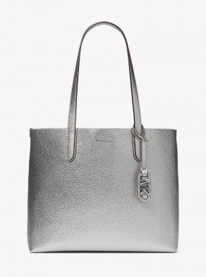 Michael Kors Eliza Extra-Large Metallic Pebbled Leather Srebrne | SN-MK26900