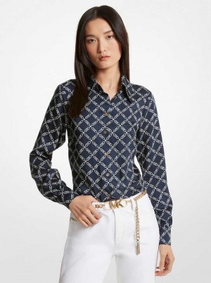 Michael Kors Empire Logo Print Satin Blouse Niebieskie | SN-MK26523