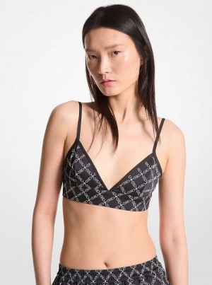 Michael Kors Empire Logo Print Satin Bra Top Czarne Białe | SN-MK26504