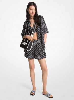 Michael Kors Empire Logo Print Satin Camp Shirt Czarne Białe | SN-MK26505