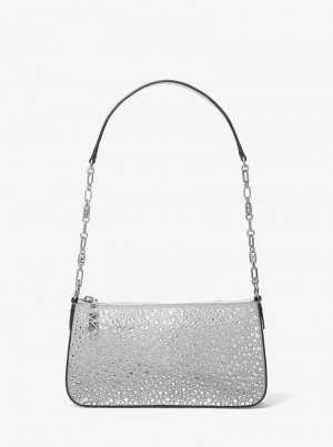 Michael Kors Empire Medium Embellished Suede Chain-Link Srebrne | SN-MK26978