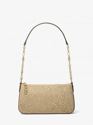 Michael Kors Empire Medium Embellished Suede Chain-Link Złote | SN-MK26979