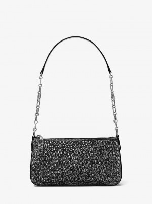 Michael Kors Empire Medium Embellished Suede Chain-Link Czarne | SN-MK27144