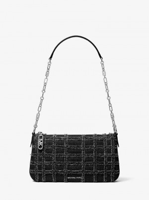 Michael Kors Empire Medium Frayed Denim Chain-Link Czarne | SN-MK27009