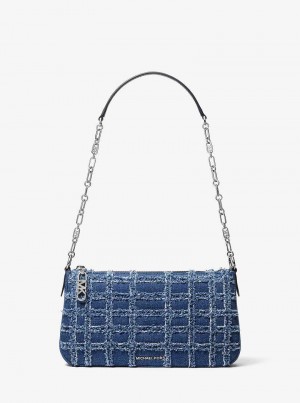 Michael Kors Empire Medium Frayed Denim Chain-Link Niebieskie | SN-MK27010