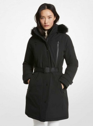 Michael Kors Faux Fur Trim Belted Czarne | SN-MK26646