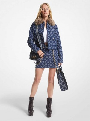 Michael Kors Faux Fur Trim Empire Logo Jacquard Denim Utility Czarne | SN-MK26619