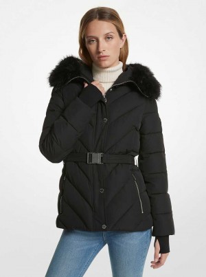 Michael Kors Faux Fur Trim Quilted Czarne | SN-MK26623