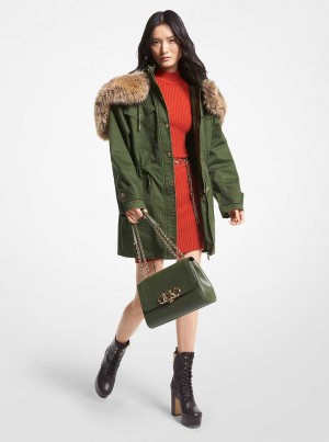 Michael Kors Faux Fur Trim Stretch Cotton Ciemny Zielone | SN-MK26612