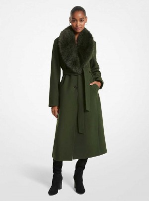 Michael Kors Faux Fur Trim Wool Blend Ciemny Zielone | SN-MK26614