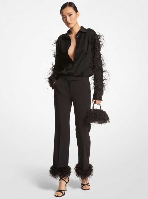 Michael Kors Feather Trim Satin Blouse Czarne | SN-MK26530