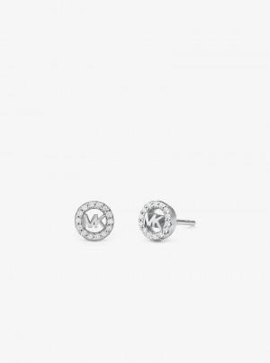 Michael Kors Fulton Precious-Metal Plated Sterling Silver Pavé Logo Charm Stud Srebrne | SN-MK27764