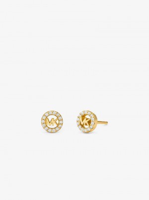 Michael Kors Fulton Precious-Metal Plated Sterling Silver Pavé Logo Charm Stud Złote | SN-MK27781