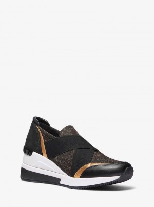 Michael Kors Geena Glitter Chain-Mesh and Leather Slip-On Czarne Brązowe | SN-MK27435