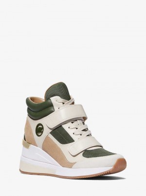 Michael Kors Gentry Leather and Canvas High-Top Wedge Zielone Kolorowe | SN-MK27426