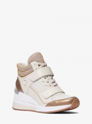Michael Kors Gentry Leather and Glitter Chain Mesh High-Top Wedge Brązowe | SN-MK27480