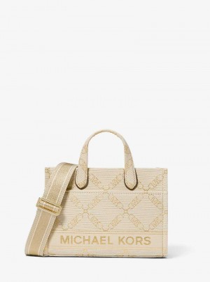 Michael Kors Gigi Small Metallic Empire Logo Jacquard Złote Beżowe | SN-MK27293