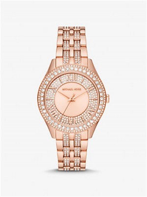 Michael Kors Harlowe Pavé Rose Gold-Tone Watch Różowe Złote | SN-MK28441