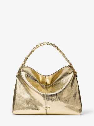 Michael Kors Jordyn Large Metallic Snake Embossed Leather Złote | SN-MK27099