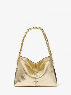 Michael Kors Jordyn Small Metallic Snake Embossed Leather Złote | SN-MK27051