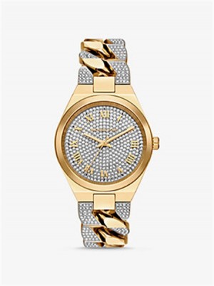 Michael Kors Lennox Pavé Gold-Tone Curb-Link Watch Złote | SN-MK28311