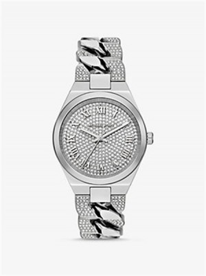 Michael Kors Lennox Pavé Silver-Tone Curb-Link Watch Srebrne | SN-MK28312