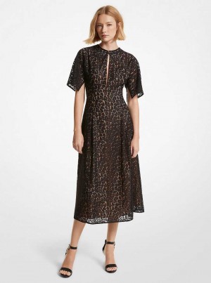 Michael Kors Leopard Corded Lace Midi Czarne | SN-MK26764