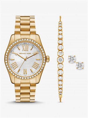 Michael Kors Lexington Pavé Gold-Tone Watch and Jewelry Gift Set Złote | SN-MK28330