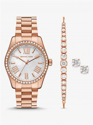 Michael Kors Lexington Pavé Rose Gold-Tone Watch and Jewelry Różowe Złote | SN-MK28331