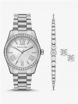 Michael Kors Lexington Pavé Silver-Tone Watch and Bracelet Set Srebrne | SN-MK28341