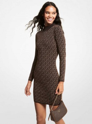 Michael Kors Logo Jacquard Mock Neck Sweater Czekolada | SN-MK26775