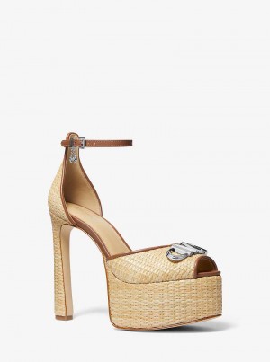 Michael Kors Martina Straw Peep-Toe Platform Beżowe | SN-MK27643
