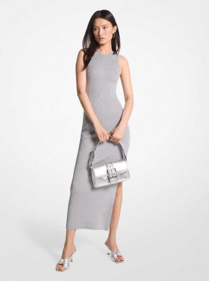 Michael Kors Metallic Stretch Knit Cutout Midi Srebrne | SN-MK26666