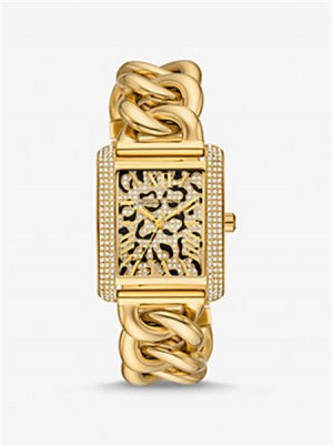 Michael Kors Mini Emery Animal Pavé Gold-Tone Curb Link Watch Złote | SN-MK28426