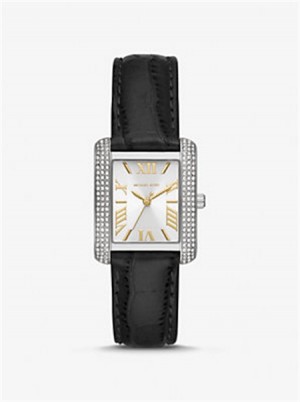 Michael Kors Mini Emery Pavé Silver-Tone and Crocodile Embossed Leather Watch Czarne | SN-MK28437