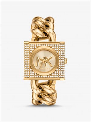 Michael Kors Mini Lock Pavé Gold-Tone Chain Watch Złote | SN-MK28337